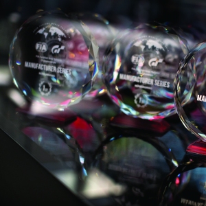 The Manufacturers Cup trophies are seen at the Gran Turismo World Tour
